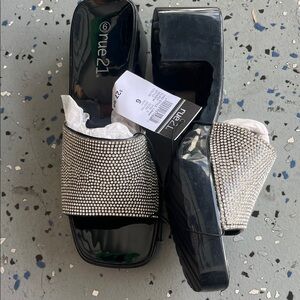 Rue21 Black and Silver Rhinestone Block Heel Sandals
